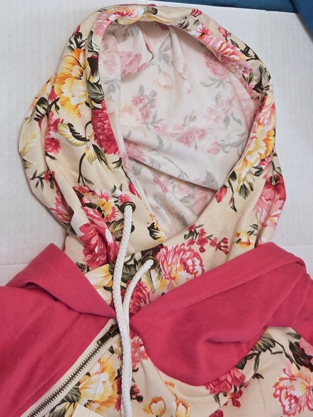 NWT Vanilla Bay Floral Asymmetrical Zip Hoodie Pink Cream Raglan Sweatshirt S - Picture 9 of 16